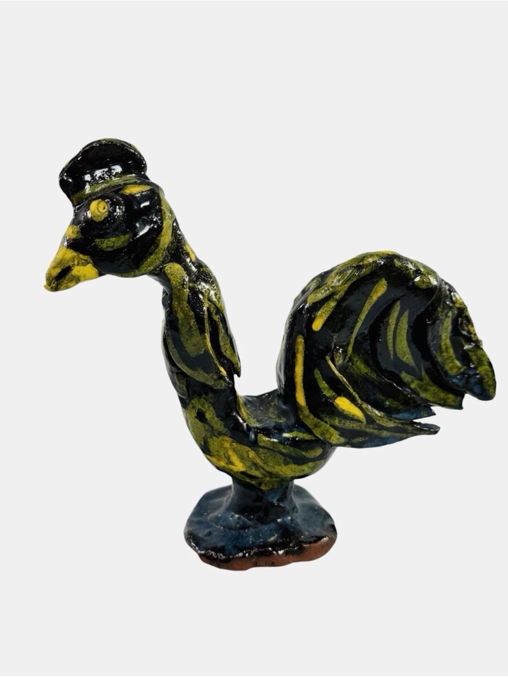 Vintage Mary Ferguson Pottery Folk Art Rooster Chicken Farmhouse Yellow Green